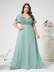 Plus size V-neck chiffon glitter bridesmaid floor-length evening dress 4XL 5XL Big Size evening glitter chiffon Prom Gown Women