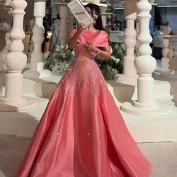 Customized Pink Fashion Boat Neck Satin Evening Dress A-line Sequined Appliques Draped Floor Length Elegant Party Dress Luxury