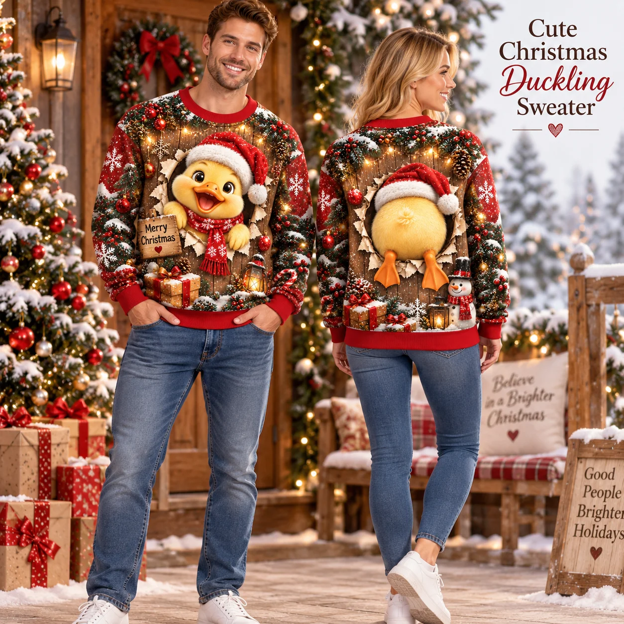 Hot Duckling Ugly Christmas Sweater, Cute Yellow Duck Holiday Sweaters with Santa Hat Snowflake Party Print