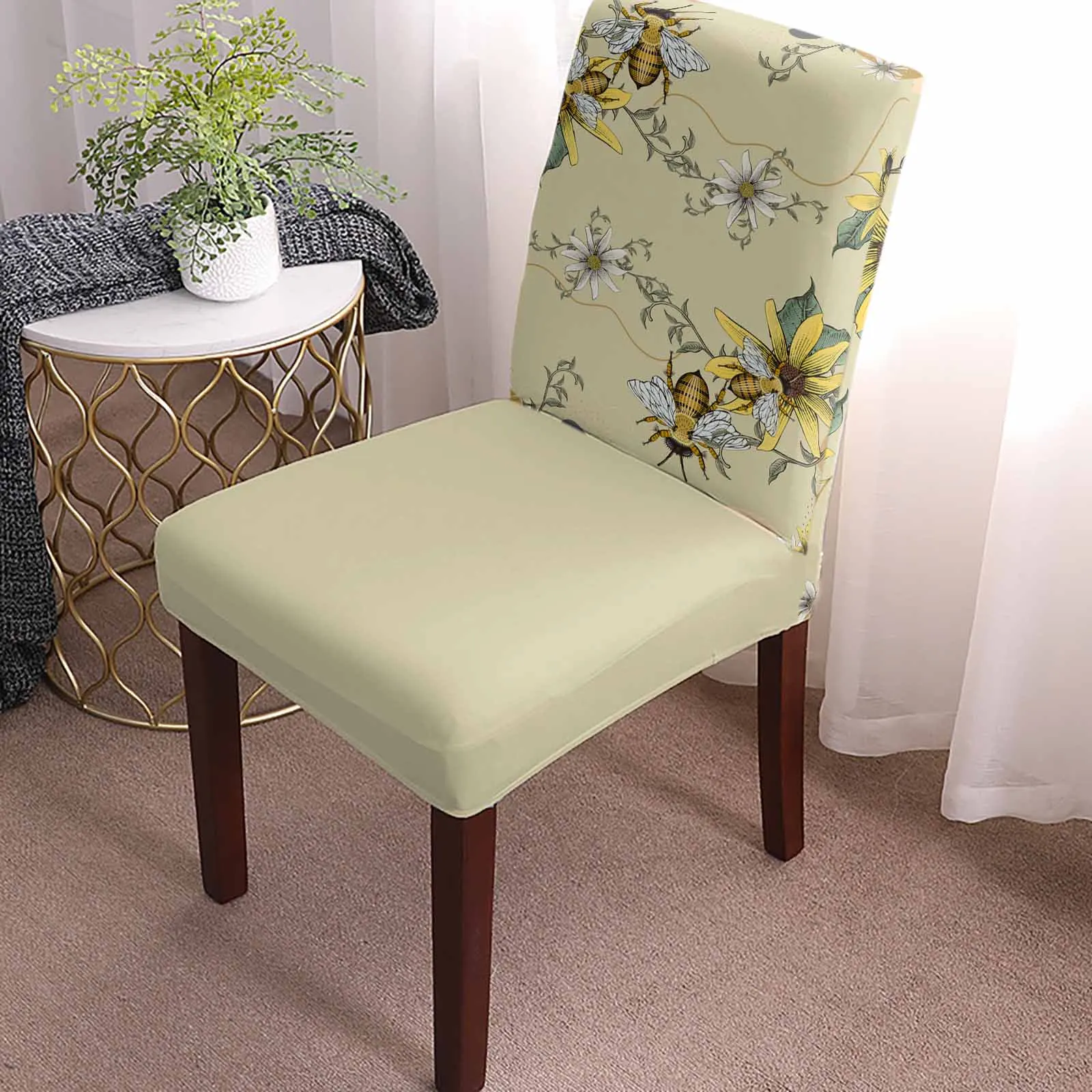 Bee Flower Leaf Bohemian Dining Chair Covers Spandex Stretch Seat Cover for Wedding Kitchen Banquet Party Seat Case