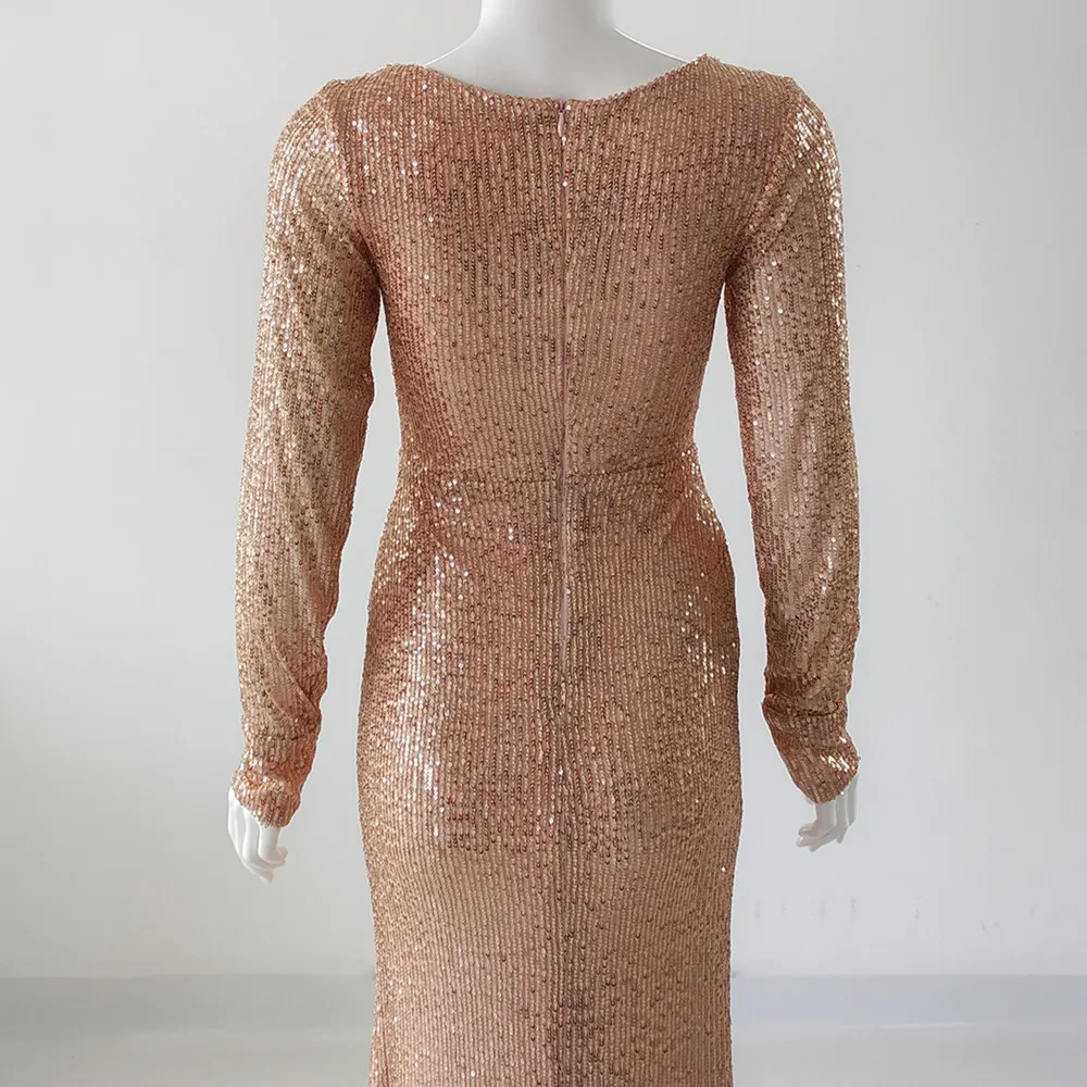 It's Yiiya-Robe de soirée à paillettes dorées pour femmes, robe sirène, col en V, manches longues, grande taille, robe de soirée formelle, photo réelle, 123