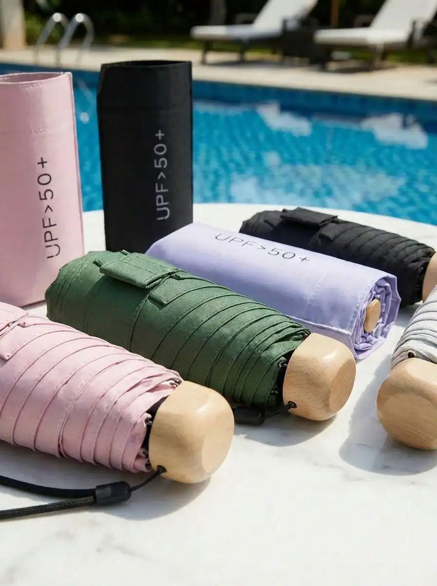 Lightweight Portable Travel Umbrella, Waterproof, Manual Open/Close, 6 Reinforced Ribs, UV Protection Sunshade, Unisex (Due To Batch Differences, The Umbrella Fabric, Rib Color, English Letter Pattern Design, Button Shape And Rib Color Are Randomly M