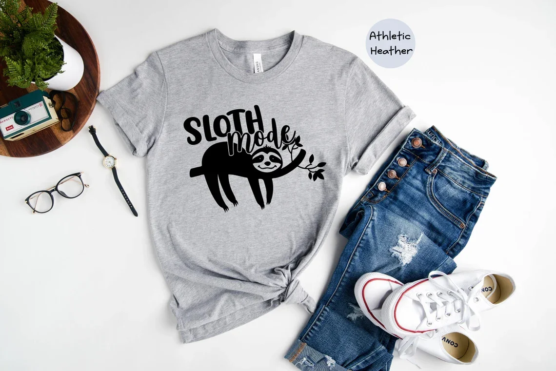 Skuggnas Sloth Mode Funny Graphic T-shirt Animal Lover Shirt Sarcastic t shirt  for Women Short Sleeved Fashion Cotton tshirts