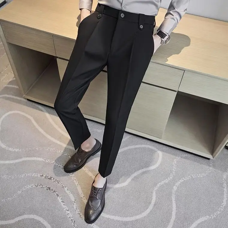 

2023 Spring Summer Men Fashion Ankle-Length Suit Pants Men Business Solid Color Casual Pants Male Formal Office Trousers H142