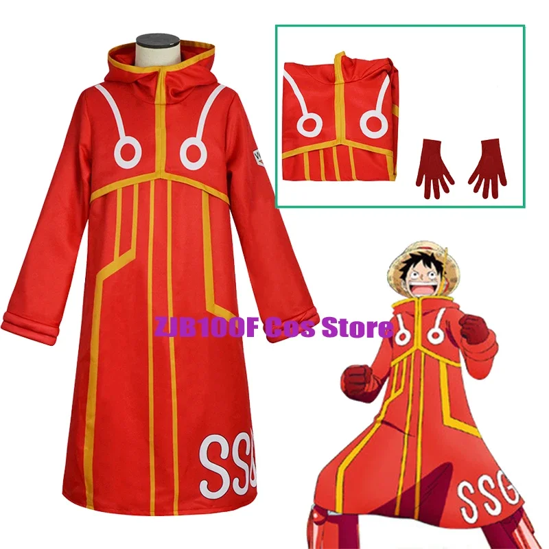 Future Island Luffy Cosplay Anime Costume Uniform Men Luffy Red Trench Cloak Glove Hat Set Party Role Play Outfit for Kid Adult