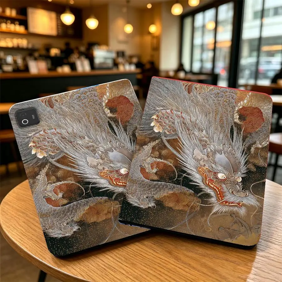 Case for Xiaomi Pad 6s Pro 7 Ultra Pad 5 6 7 8 Pro Redmi Pad SE K Pad 8.8 9.7 12.4 Inch With Pencil Holder Beige Ink Dragon