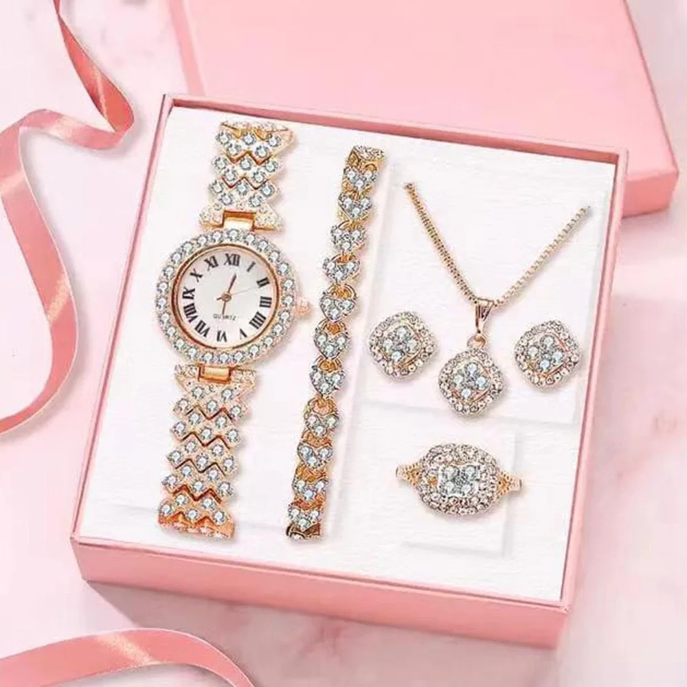

Fashion Luxury Full Crystal 5 Pcs Watch Necklace Earrings Ring Set for Women Rhinestone Wristwatch Female Bracelet Set Gift