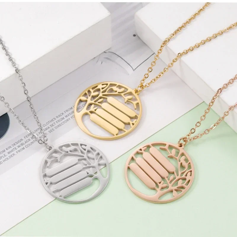 10Pcs/Lot 304 Stainless Steel Hollow Tree NameBar Round Pendant Necklaces For DIY Custom Making Family Member Jewelry