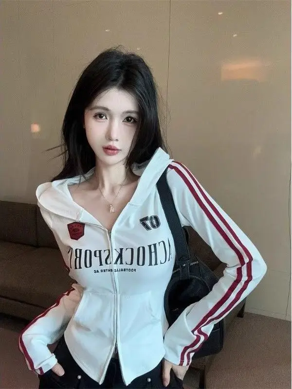 American Design Style Hoodie Jacket Women's Spring Autumn Slim Fit Trendy Letter Print Zipper Versatile Top Ladies Fashion