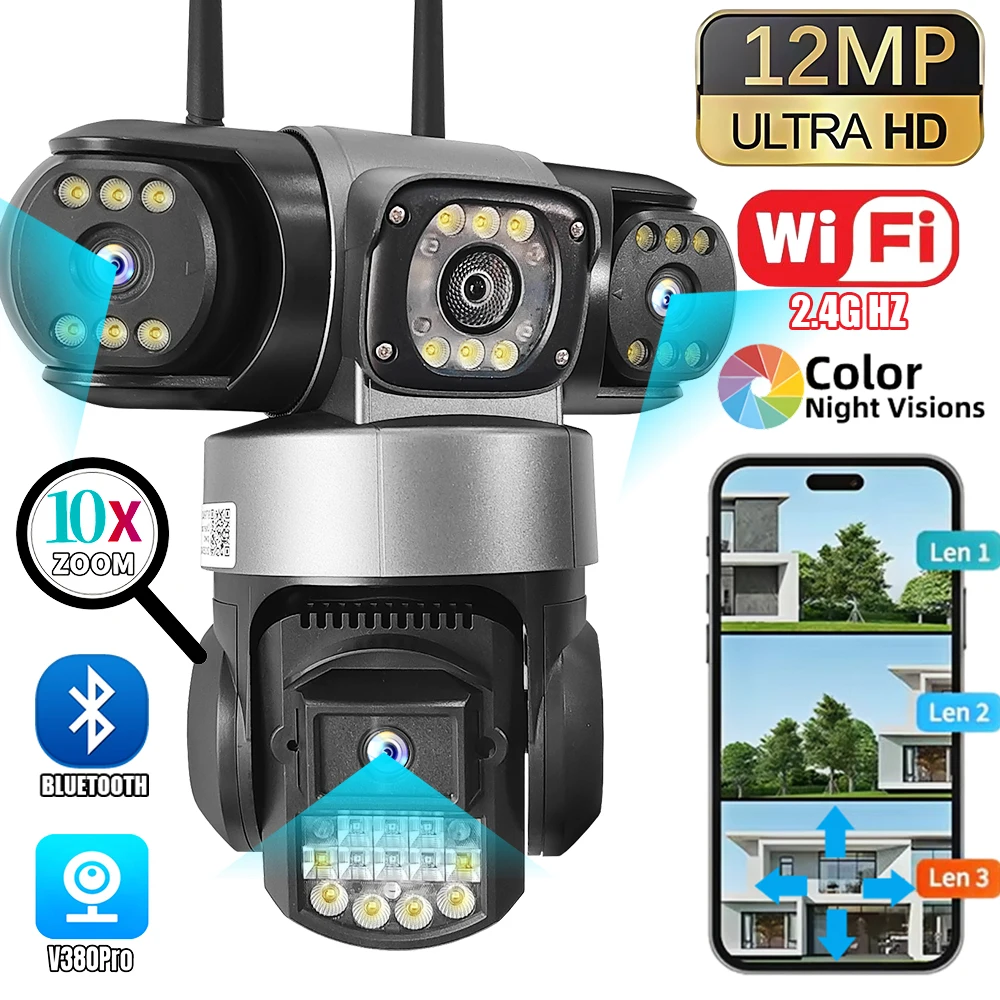 V380 Pro WiFi IP Camera Outdoor Triple Lenses Triple Screens 12MP 6K Security Video Monitor Night Vision Waterproof CCTV Cameras
