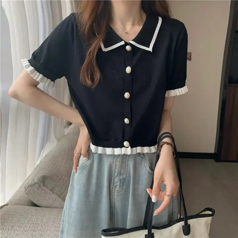 Women\'s Stylish Clothing Knitting Button Short Tops Tees Patchwork Striped Jacket Girls Y2k Clothing Korean Sweater Short Shirt