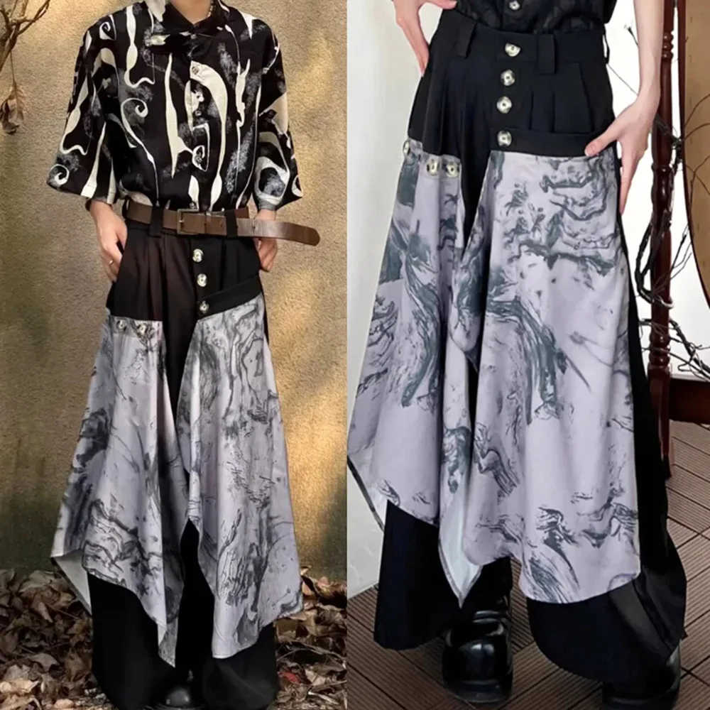 Culottes Irregular Classic Ink Tie-Dye Casual Hakama Culottes Contrast  Streetwear Wide-Leg Pantskirt Men'S Clothing Unisex 2024