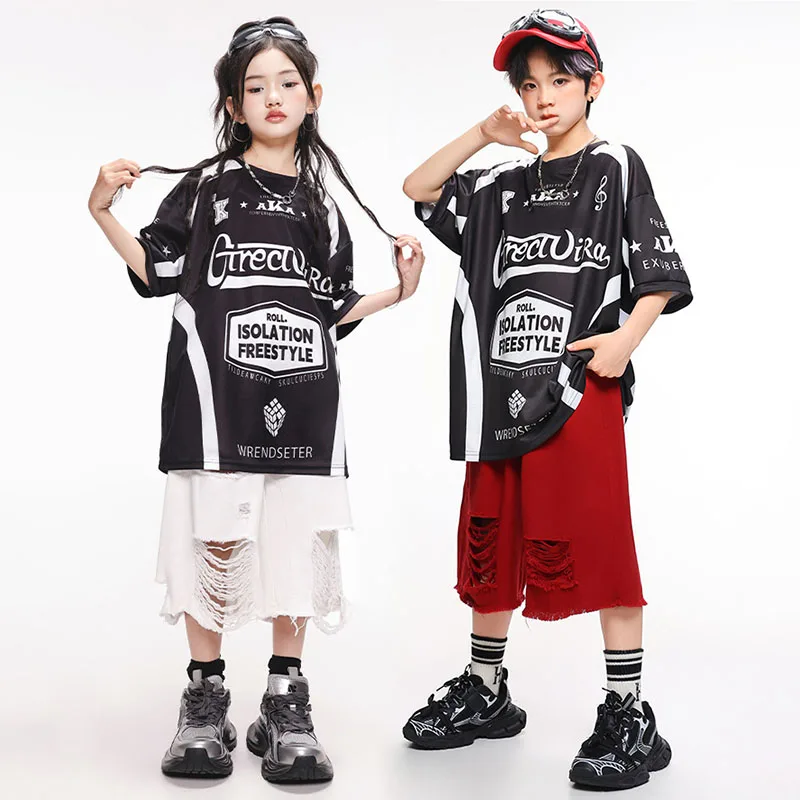 

Kid Kpop Hip Hop Clothing Black Letters Print T Shirt Wine Red Casual Distressed Shorts for Girl Boy Jazz Dance Costumes Clothes