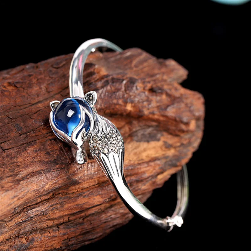 Uglyless LOVE Magic Gift Fairy Fox Bangles for Women Blue Corundum 925 Silver Bangle Vintage Marcasite Fox Tail Bracelet Jewelry