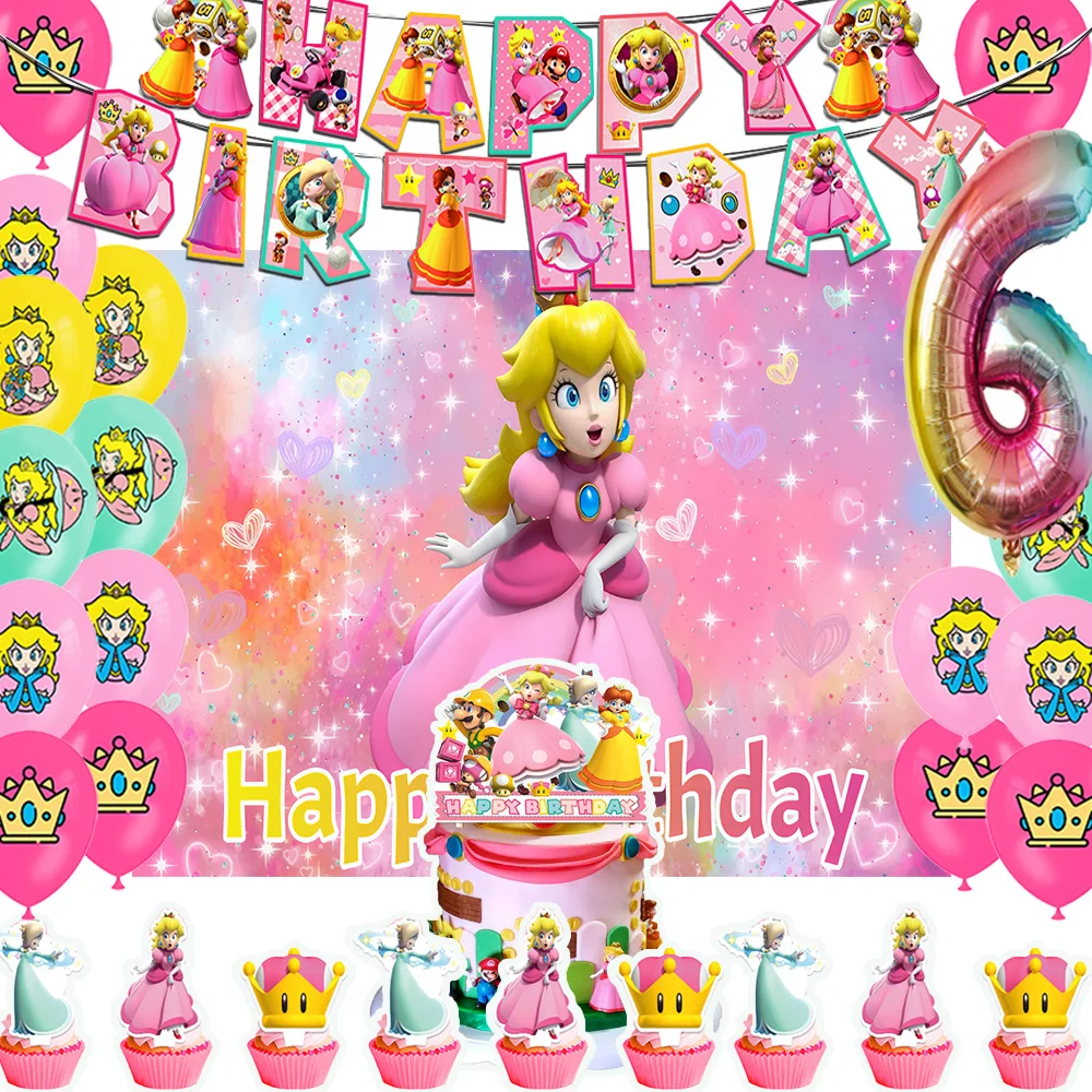 

Pink Bow Peach Princess Theme Birthday Party Supplies Decor Movie Girl Balloon Banner Backdrop Cupcake Topper for Kid Baby Gifts
