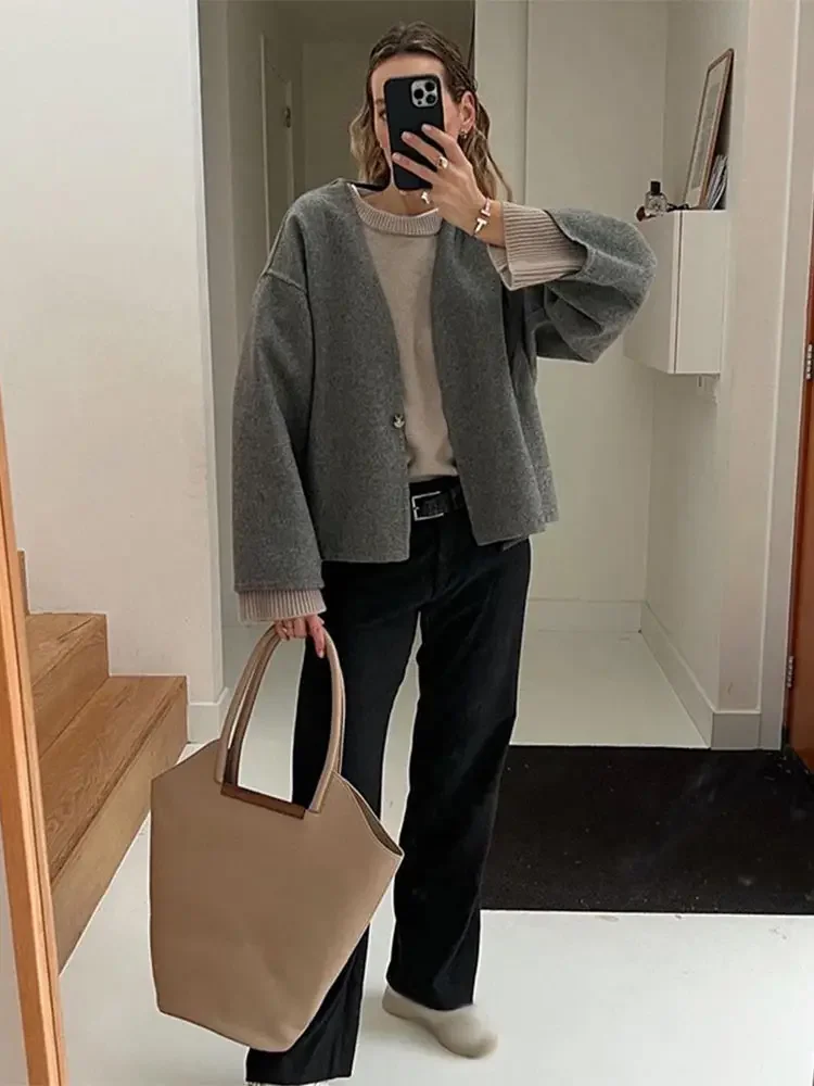 Solid Color Versatile Long Sleeved Woolen Coat For Women Single Breasted Casual V-neck Jacket 2024 Autumn Lady Warm Outerwear