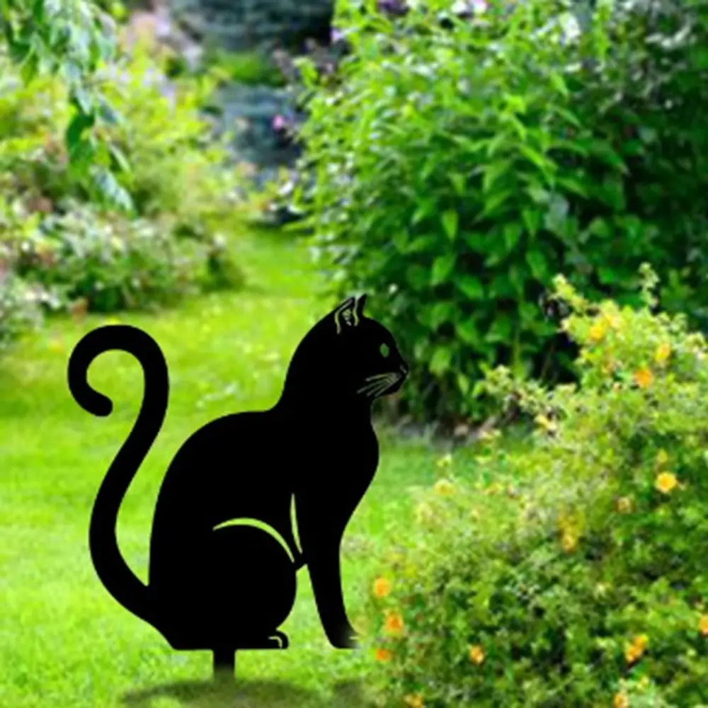 Iron Art Black Cat Garden Statue Silhouette Sculpture Outdoor Garden Backyard Decoration Weatherproof Cat Figurine Yard Art