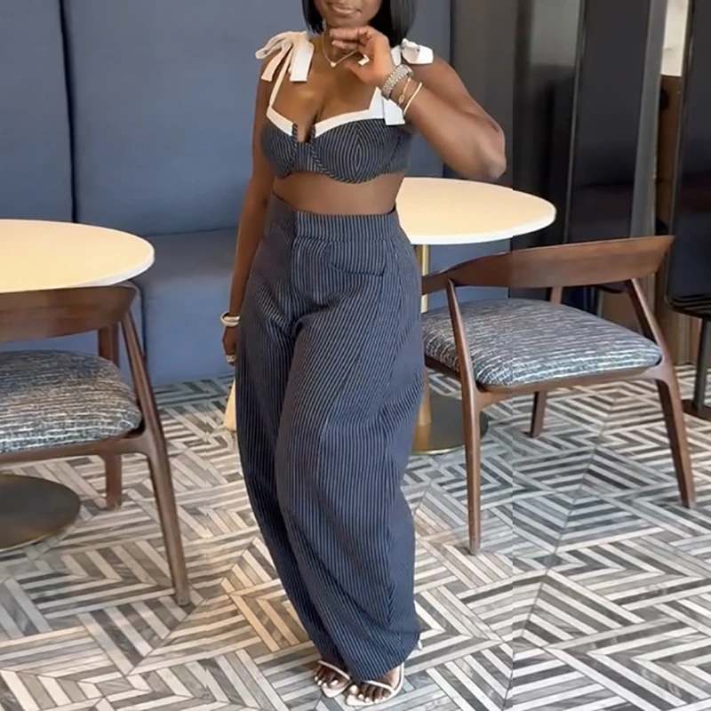 Chic Contrast Color Splice Tie Up Backless Outfit Sexy Straps Off Shoulder Club Suit Women Casual High Waisted Top+Pants 2pc Set view 5