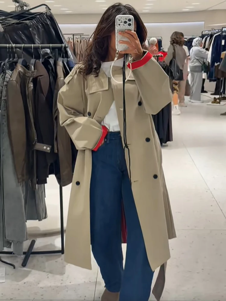 Women Double Breasted Long Trench Coat Elegant Contrast Red Cuff Lapel Belted Windbreaker New Spring Autumn Streetwear Outerwear