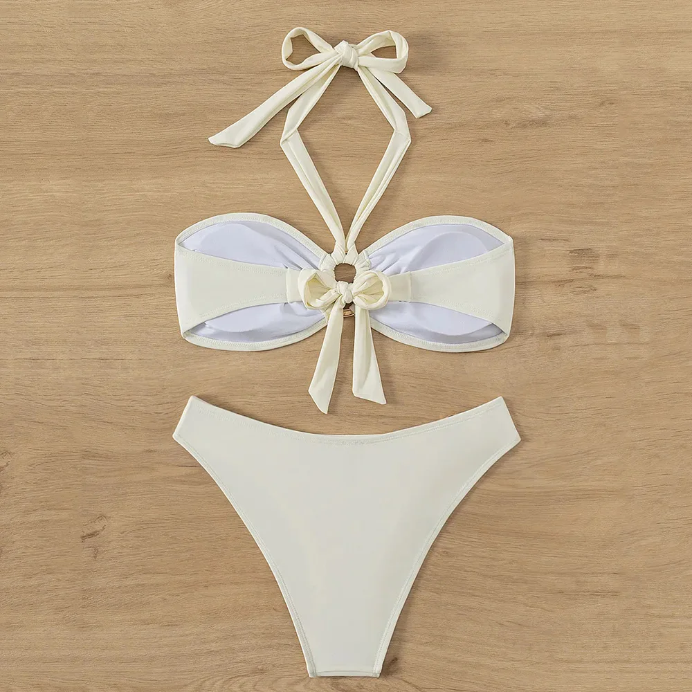 Halter Bandeau Solid White Bikinis Sets Woman Metal Ring Swimwear Hollow Out Sexy Swimsuit 2026 Bathing Suit Bikinis De Mujer