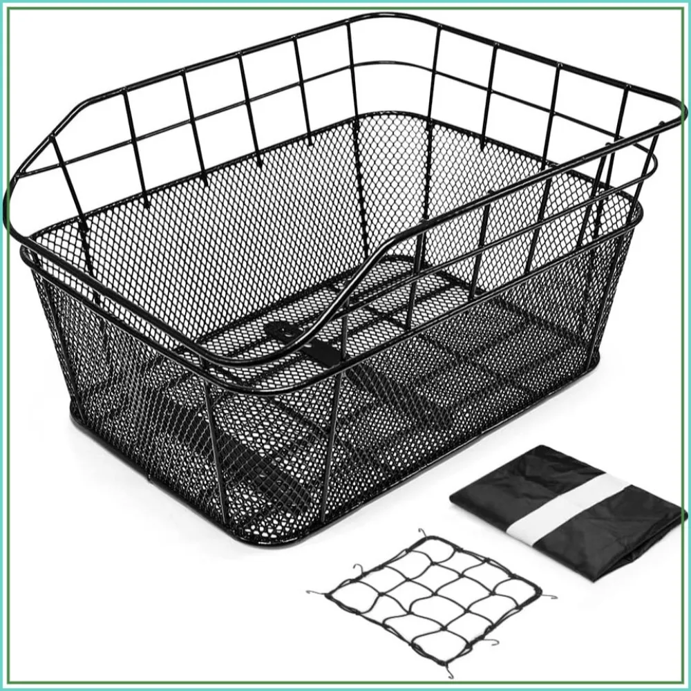 

Waterproof Metal Wire Rear Bike Basket with Adjustable Cargo Net and Rainproof Cover, Fits Most Rear Bike Racks