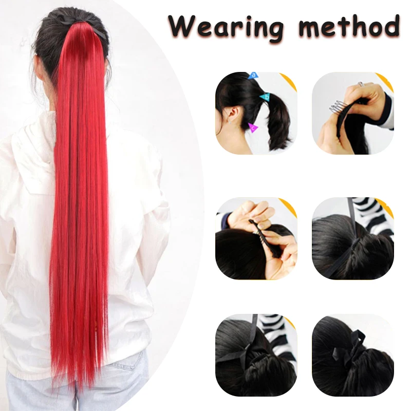 Tie Style Ponytail Extension Straight Ponytail 32 Inch Synthetic Hair Piece, Suitable 's Heat-Resistant (Red)