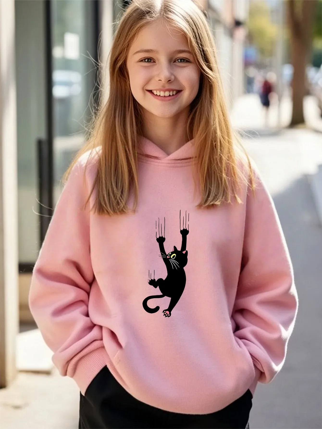 Fun Hanging Black Cat Hoodie for Kids Fleece-lined Warm Casual Loose and Comfortable Hooded Sweatshirt for Autumn and Winter
