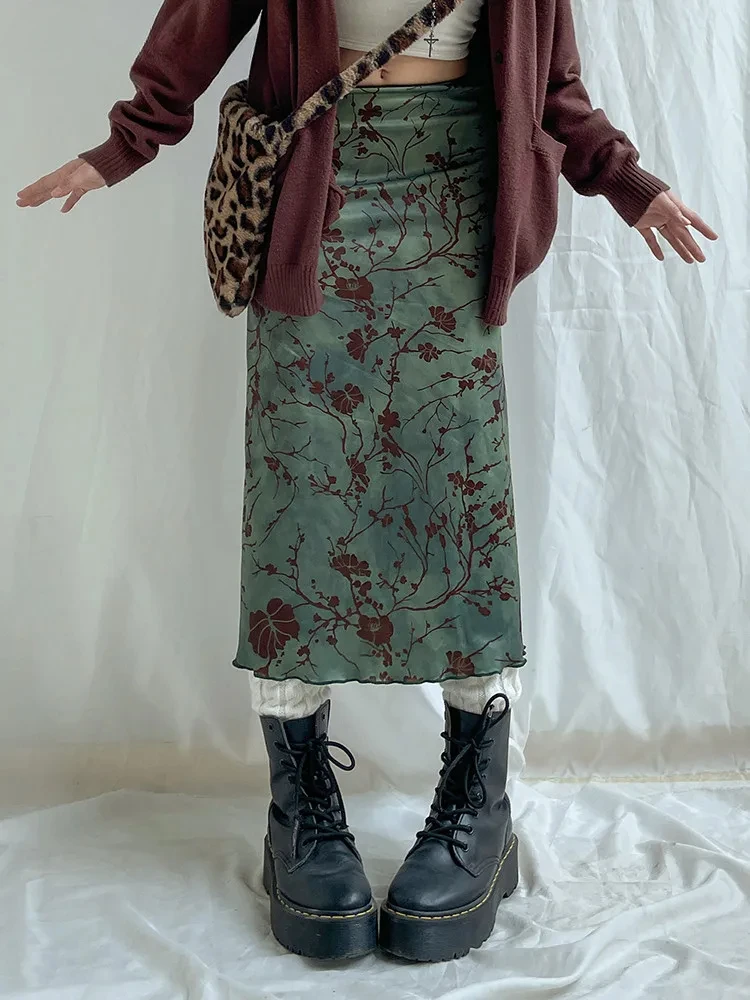 

y2k Vintage Floral Printing Midi Skirts Women Harajuku Fairycore Green Straight Maxi Skirt Aesthetic Sweet Girl Clothes