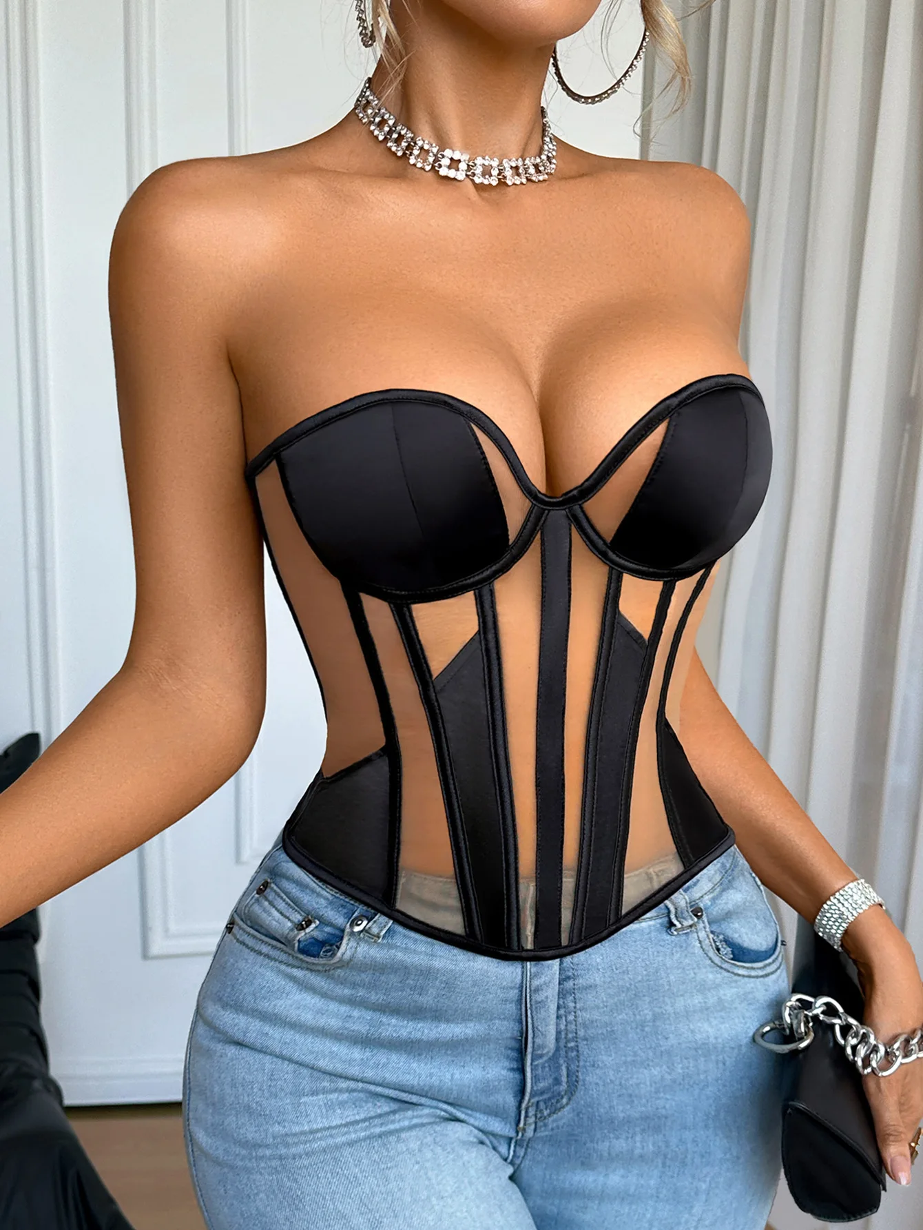 

Сетчатый корсет-бюстье в стиле пэчворк черного цвета для женщин, сексуальный топ без бретелек, элегантный, на шнуровке, для вечеринок, в готическом стиле, для дерзких девушек