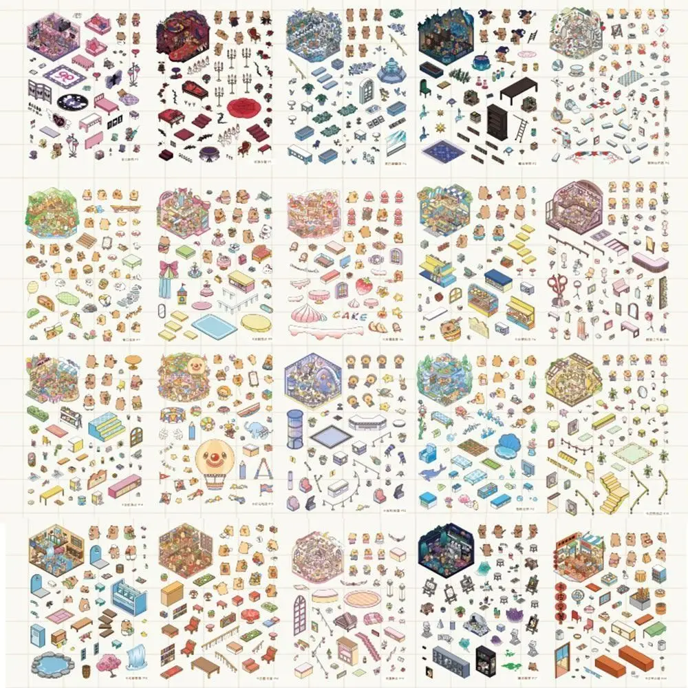 

Набор 3D-миниатюрных наклеек: 20 сцен, коллекция мультяшных пейзажей, наклейки для создания сцен с домиками, DIY-наклейки, подарки унисекс