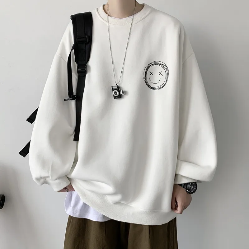 

White, Black, Blue, Light Gray, Spring And Autumn Smiling Face Loose Top Crewneck Printed Coat