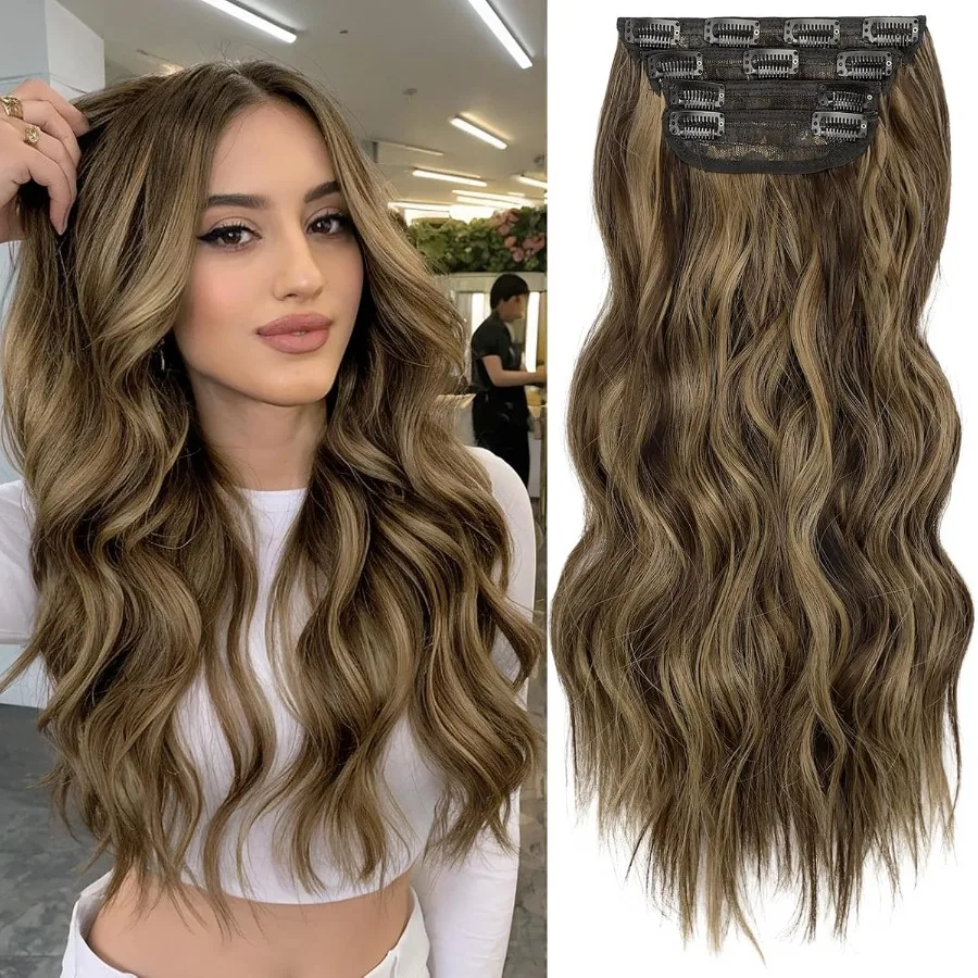 طويل متموج الاصطناعية تسليط الضوء على وصلات شعر 4 قطعة قطع الشعر السميكة Balayage الشوكولاته البني إلى الكراميل شقراء الألياف مزدوجة Wef