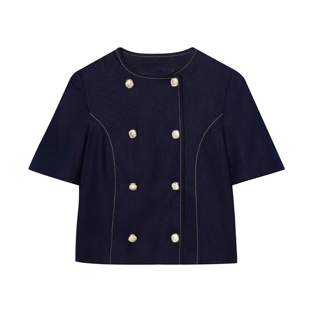 أزياء المرأة المخلوطة الخيوط قصيرة الأكمام البدلة سترة الصيف الجديدة عالية الخصر السراويل الساق المستقيمة #2