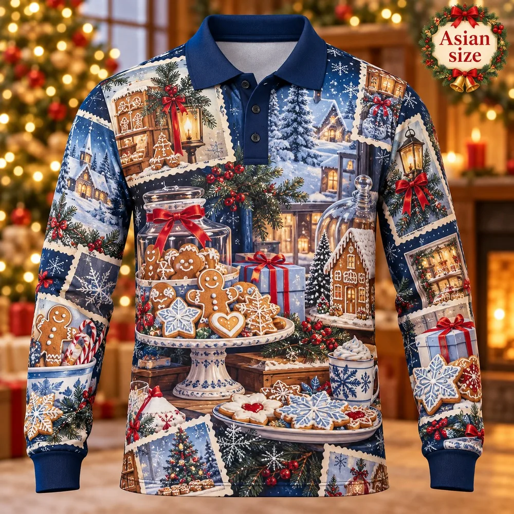 New Gingerbread Bakery Long Sleeve Polo Shirt for Men 3D Print Polyester Holiday Graphic Festive Casual Winter Fashion Party