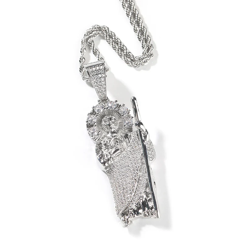 Hip Hop 5A+ CZ Stone Bling Iced Out Catholic Patron Saint St Benedict of Nursia Holy Pendant Necklace for Men Rapper Jewelry