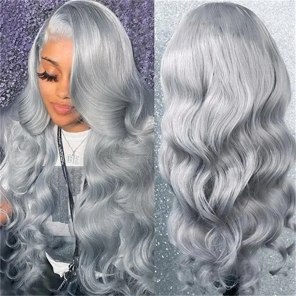 Perruque Lace Front Wig Body Wave sans colle, cheveux humains, gris argent, 13x4 HD, transparente, pre-plucked