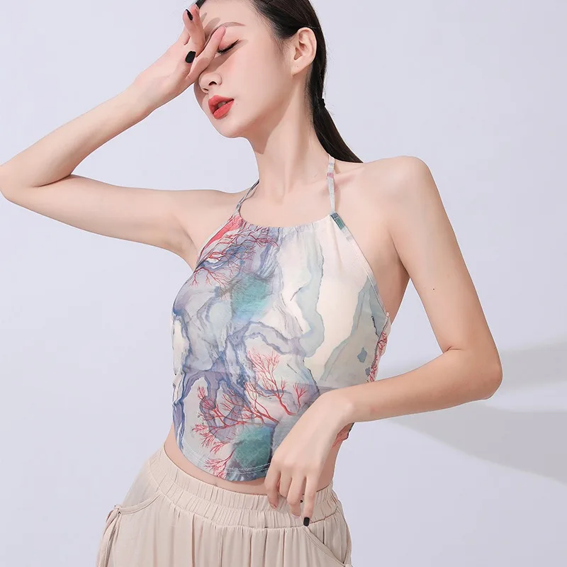 

New Summer Backless Strappy Hollow Printed Vest Dance Clothing Drawstring Elegant Women's Vest Modern Dance Performance Suit