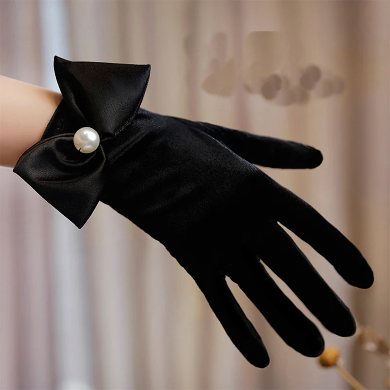 Guantes negros Retro de terciopelo con lazo para mujer, accesorios de fotografía de estudio, manoplas para vestido de novia, guantes cortos para