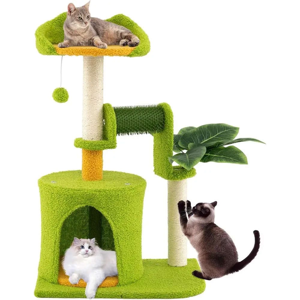 

Компактный кошачий комплекс с сизалевыми столбиками, лежанкой, домиком, когтеточкой и подвесным мячиком, идеально подходит для домашних кошек.