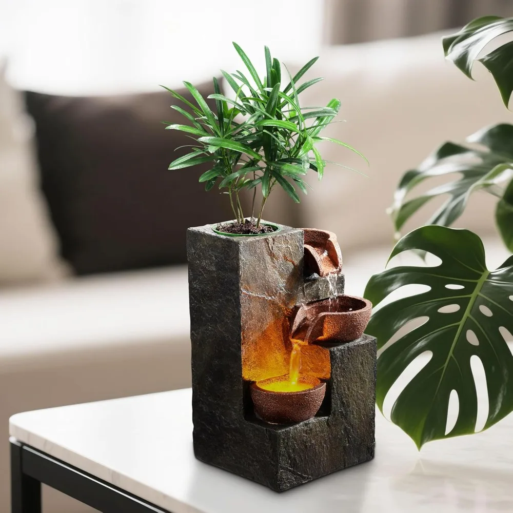 نافورة شلال صخرية من 3 طبقات مع ضوء LED دافئ وعاء زراعة DIY - ديكور مكتب مريح #5