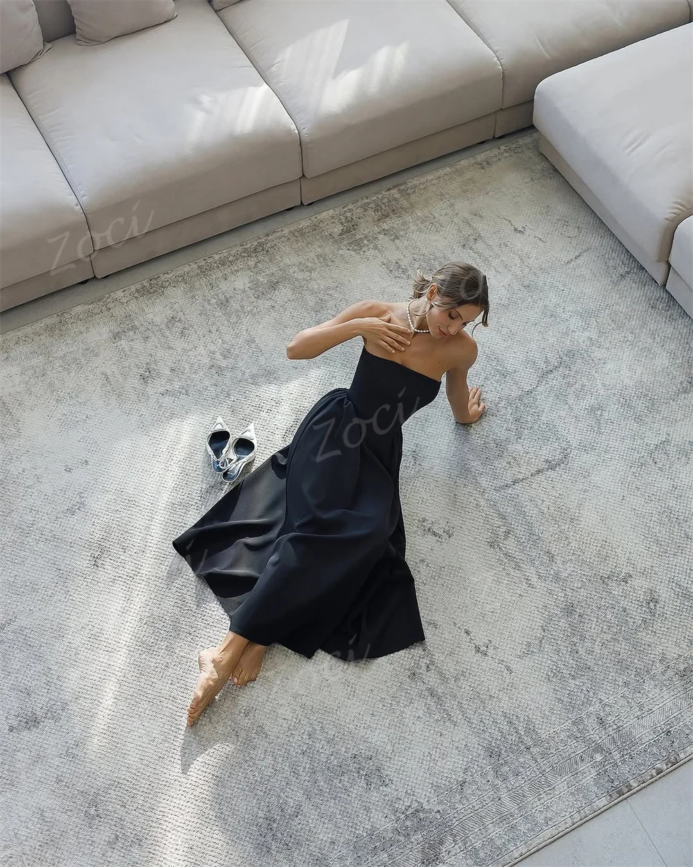 Zoci Strapless Elegant Blue Wedding Party Prom Dresses Customized Sleeveless A Line Evening Dress Ankle Occasion Party Gown