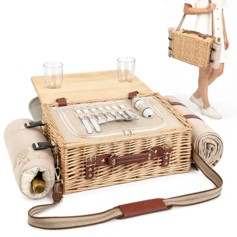 

Picnic basket set for 2: wicker material, white color, multifunctional with table and blanketsideal for couples, weddings, brid