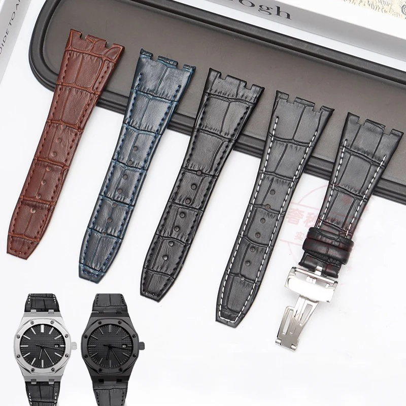 حزام ساعة من الجلد الطبيعي بطبقة علوية لسلسلة AP Audemars 15400 15703 Royal Oak Offshore للرجال 26 مللي متر أشرطة ساعة باللون الأسود والبني