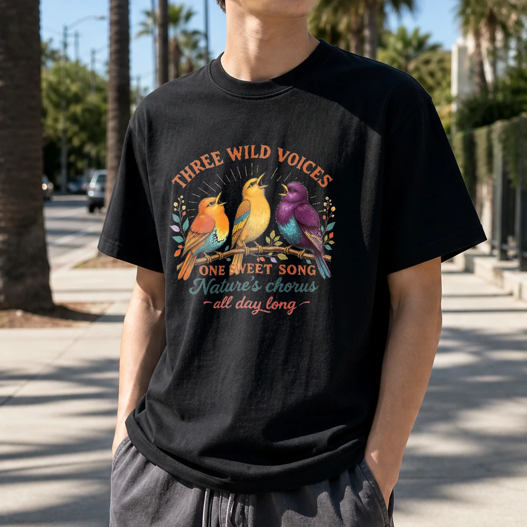 Three Wild Voices One Sweet Song Nature Chorus Avian Trio Print Male Black T Shirt Ornithology Enthusiast Graphic Tee
