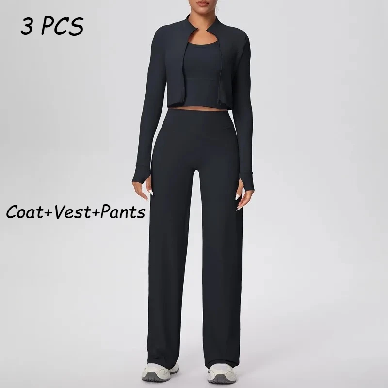 

Женский бесшовный комплект для йоги, куртка на молнии, жилет и брюки, комплект из 3 предметов, спортивный костюм для бега, фитнеса, облегающий костюм с подтяжкой бедер