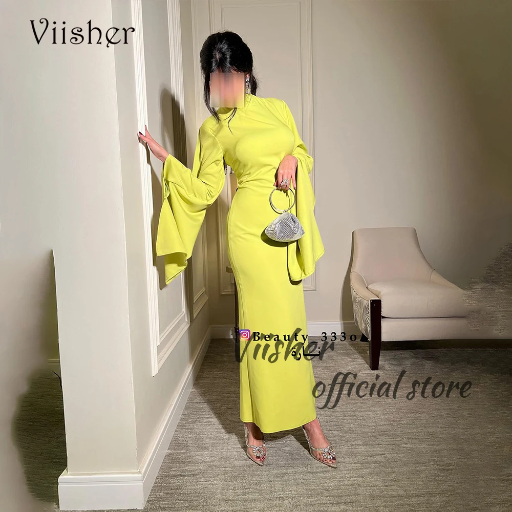 

Yellow Satin Mermaid Evening Dresses Long Sleeve High Neck Arabian Dubai Prom Dress Ankle Length Foraml Occasion Gowns Backless