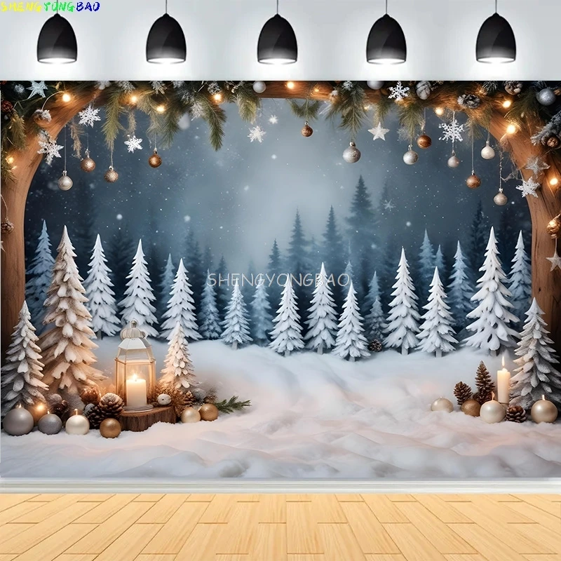 Christmas Day Pine Tree Gift Photography Backdrop Props Xmas Eve Party Decor Fireplace Window Family New Year Background HQ-02