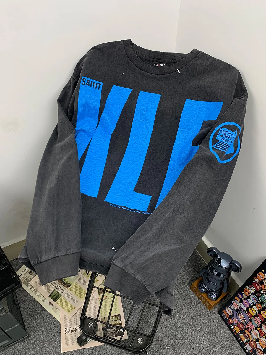 Retro Loose Long Sleeve T-Shirt American High Street Klf Exhibition Limited Crack Letter Print Casual Cotton Breathable for C...