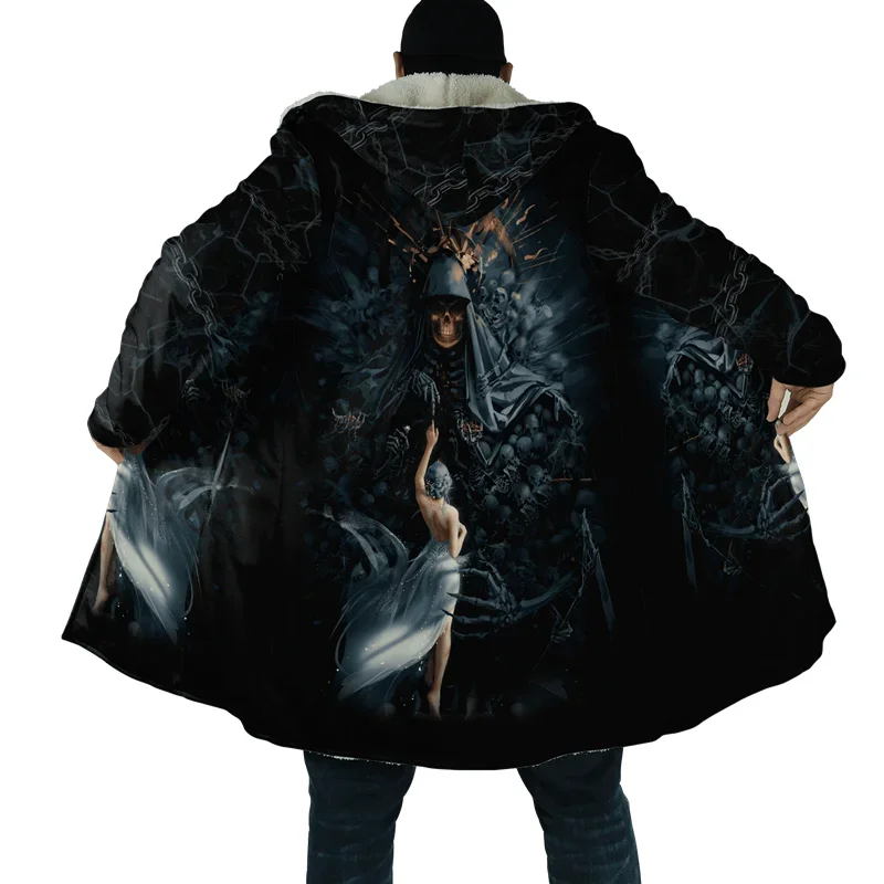 

Fashion winter Mens Cloak Fire Reaper Skull Tattoo 3D Print Full Fleece Hooded Coat Unisex Casual Thick Warm Cloak Coat -963