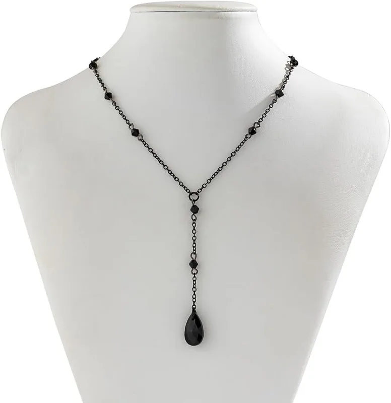 قلادة على شكل دمعة حمراء على الطراز القوطي القديم، سلسلة Y من حجر الراين الأسود مع شرابة، مجوهرات الهالوين Y2K Punk Vampire للنساء